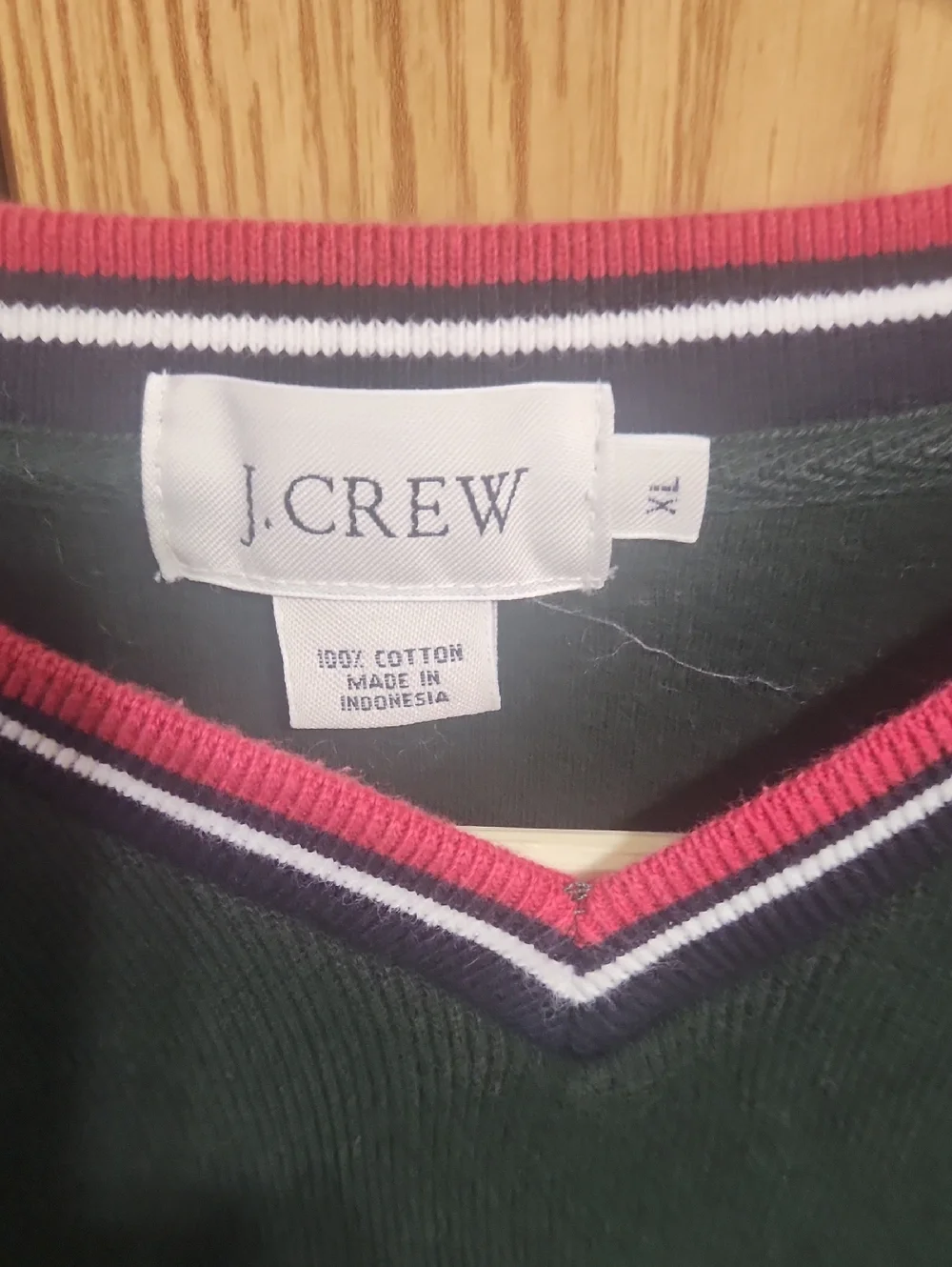 J. Crew Men's Dark Green V-Neck Sweater with Red and White Trim XL